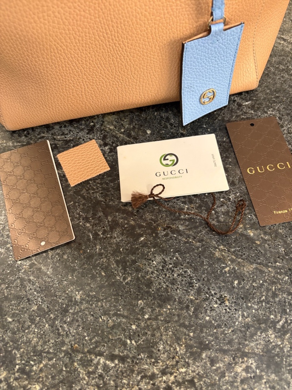 Gucci Brown Leather Tote with Light Blue Trim and Tag - Picture 6 of 6